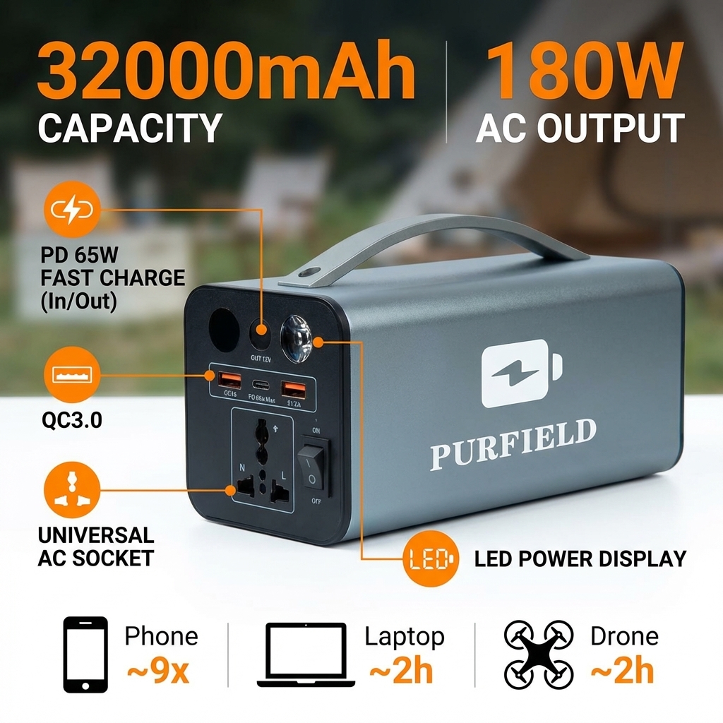 Travel Accessories Electronics - 180W Outdoor Power Station 32000mAh 118.4Wh
